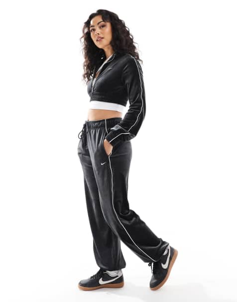 Nike velour cropped full zip track top and oversized sweatpants in black - view 1