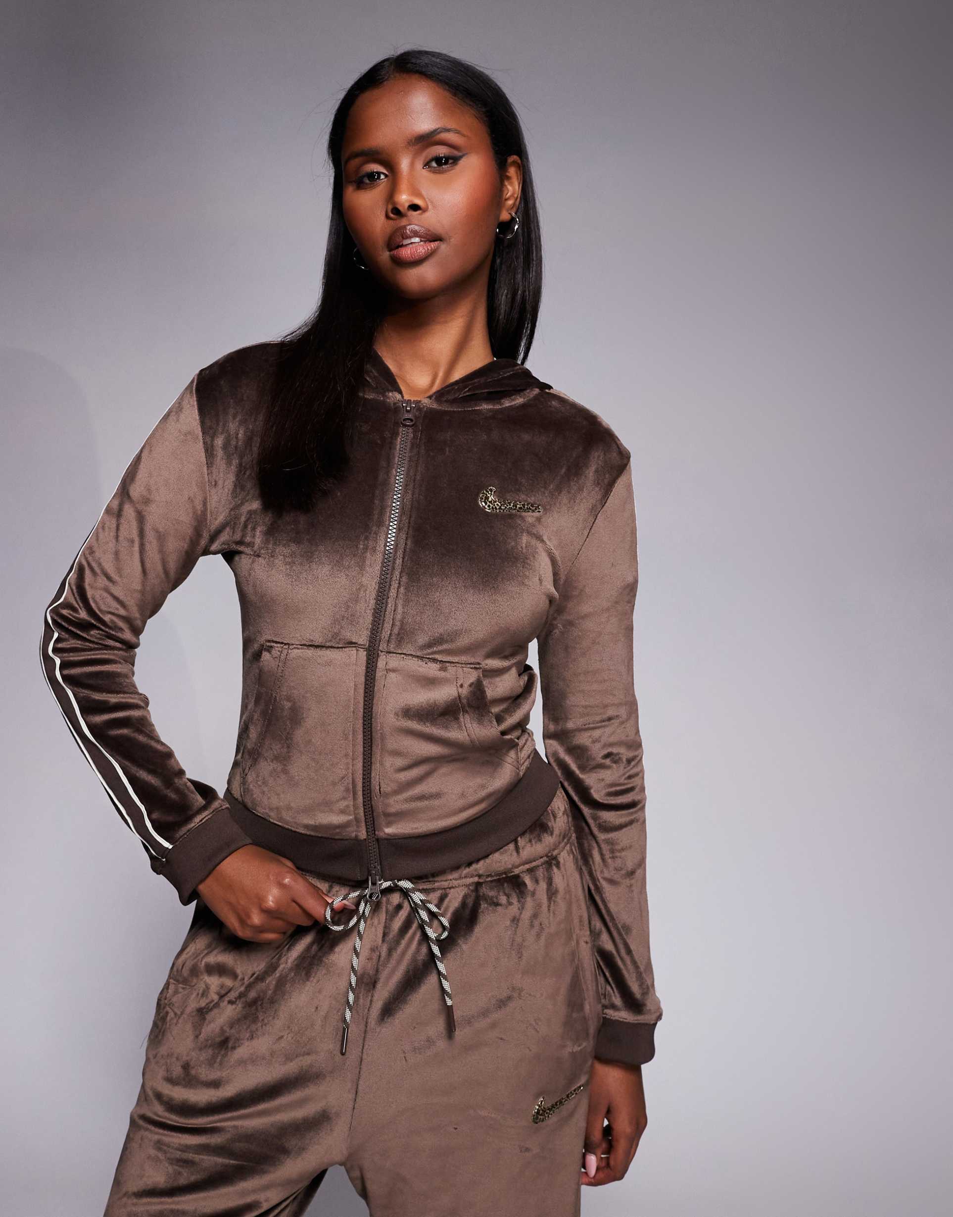 nike velour full-zip hoodie in brown