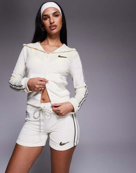 Nike velour zip through hoodie in cream - view 1