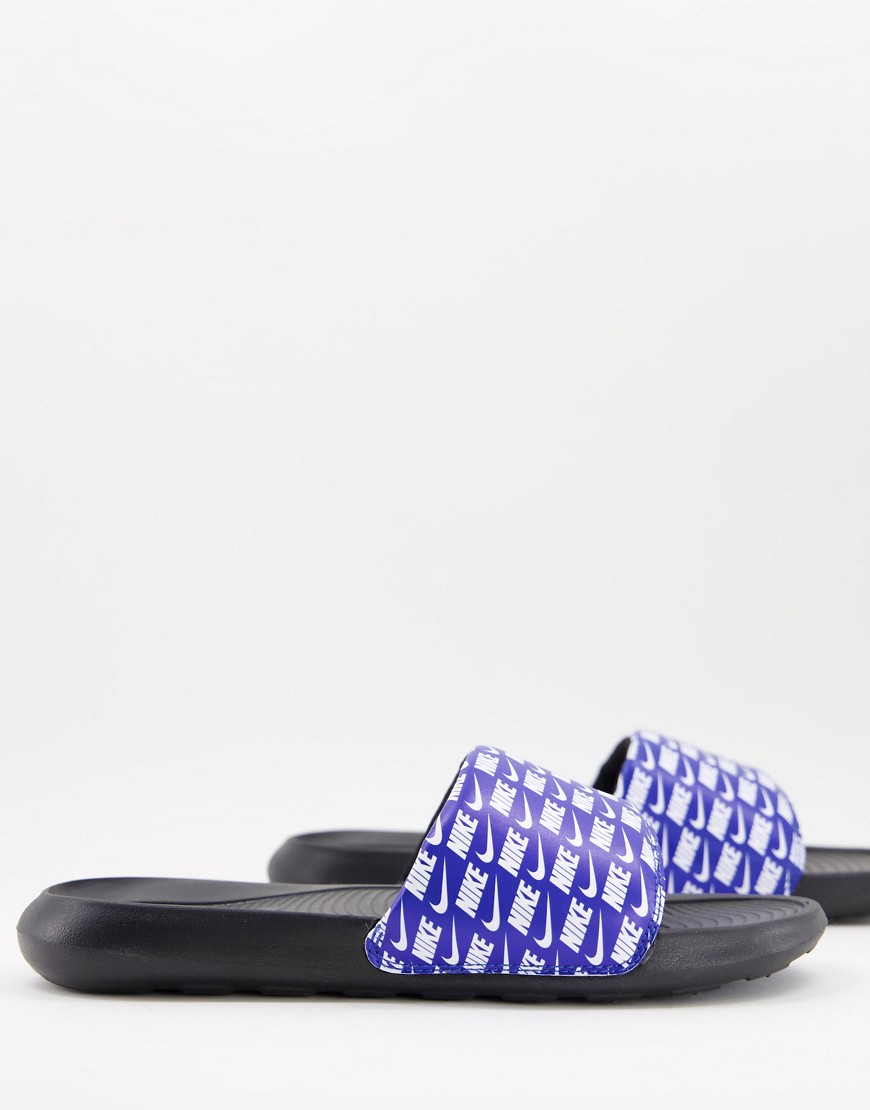 Nike Victori One all over logo print sliders in game royal
