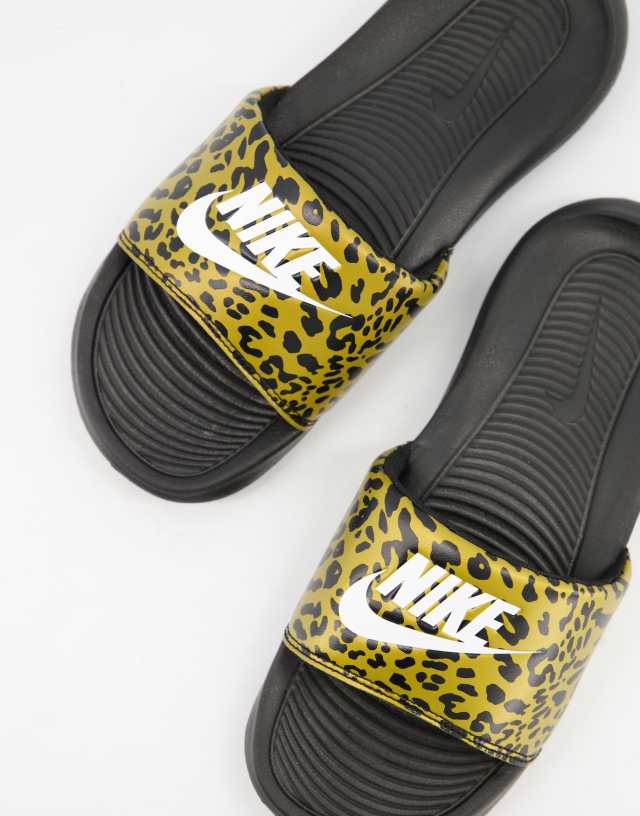 Nike Victori One leopard print sliders in black/brown