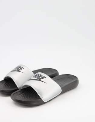 Nike Victori One Slides In Silver And Black ModeSens