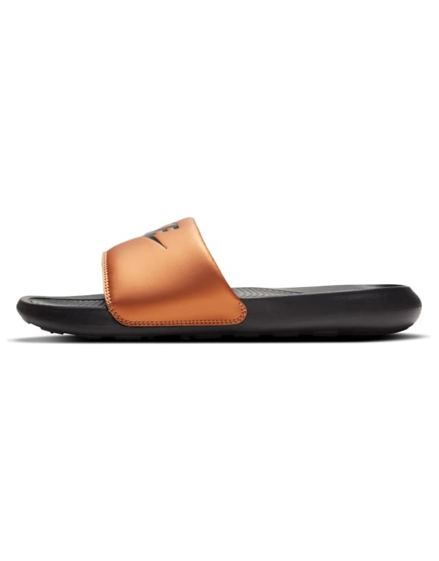 Nike Victori One sliders in metallic copper/black