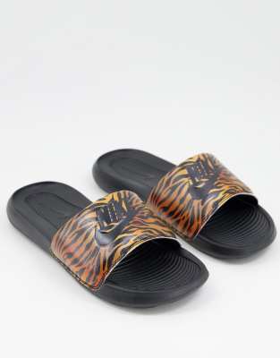 Nike Victori One Animal Print Sliders In Black/multi In Black