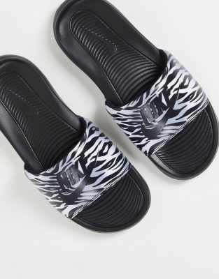 Shop Nike Victori One Zebra Print Slides In Black And Silver