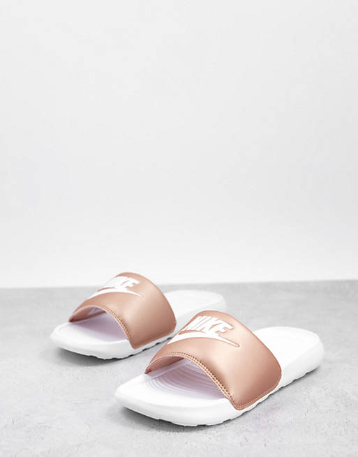 Nike Victori sliders in white and rose gold