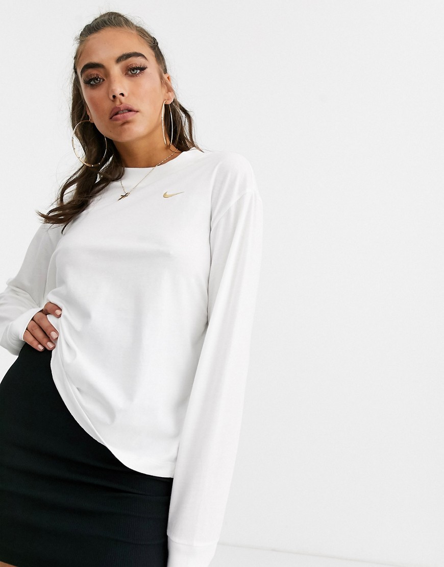 Nike – Vit t-shirt med lång ärm och liten swoosh-logga