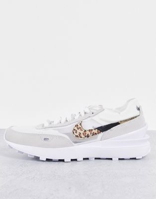 Nike Waffle One trainers in white with leopard print swoosh