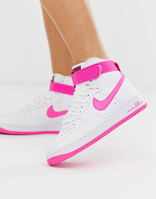 Nike white and pink air force 1 hi sneakers