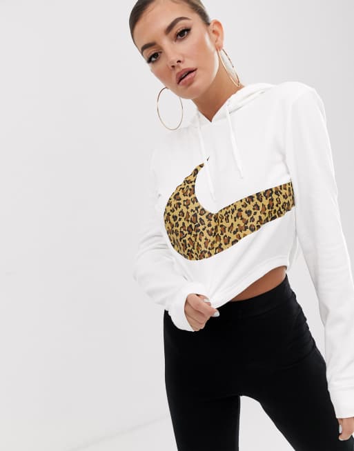 Nike White Oversized Leopard Swoosh Crop Hoodie