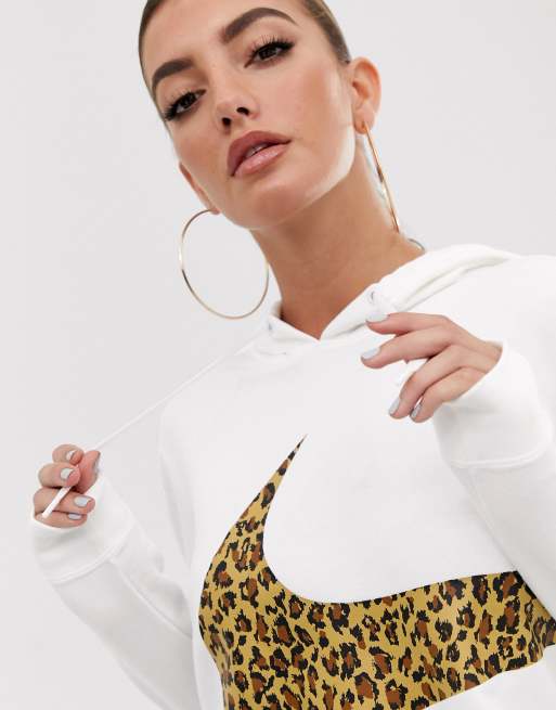 Nike White Oversized Leopard Swoosh Crop Hoodie