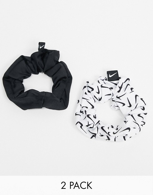 Nike 2 pack gathered hair ties in black/swoosh print