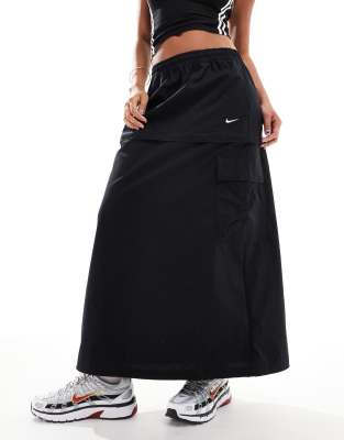 Woven 2 n 1 maxi and mini skirt with zip detail in black