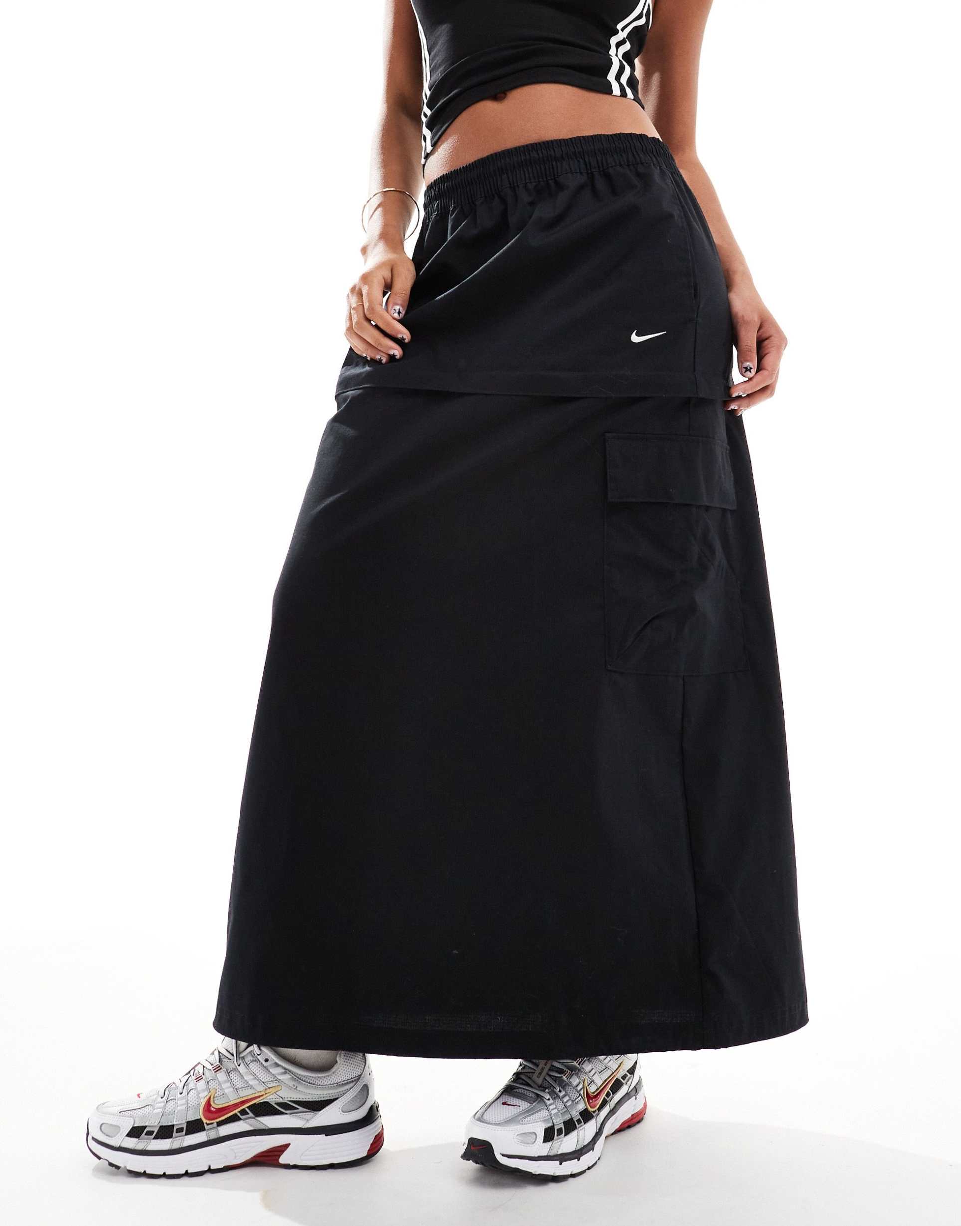nike woven 2 n 1 maxi and mini skirt with zip detail in black