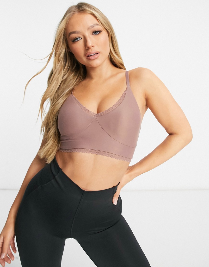 Nike Yoga Indy Luxe light support lace sports bra in smokey mauve-Pink