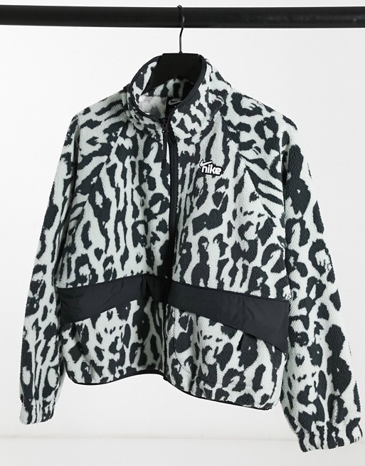 Nike zip through fleece in black and white animal print