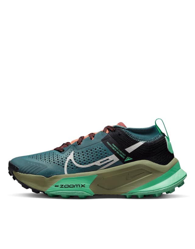 Nike ZoomX Zegama Trail sneakers in blue and green