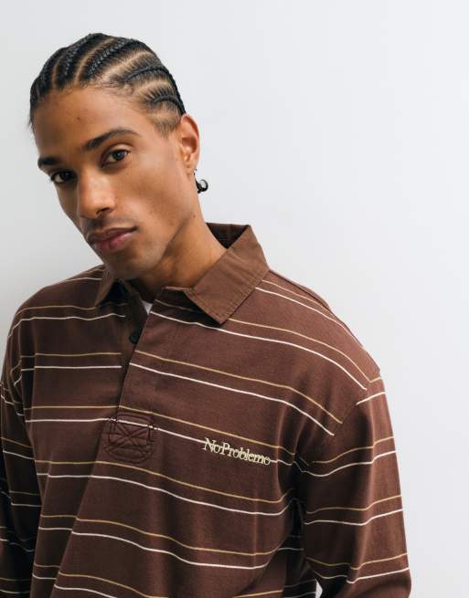 No Problemo 100% cotton long sleeve logo rugby polo in brown stripe, 2 of 5
