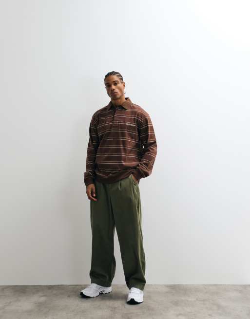 No Problemo 100% cotton long sleeve logo rugby polo in brown stripe, 3 of 5