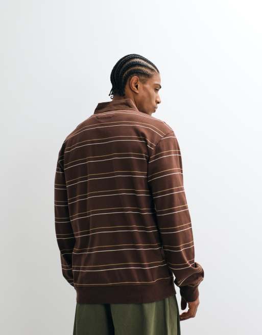 No Problemo 100% cotton long sleeve logo rugby polo in brown stripe, 4 of 5