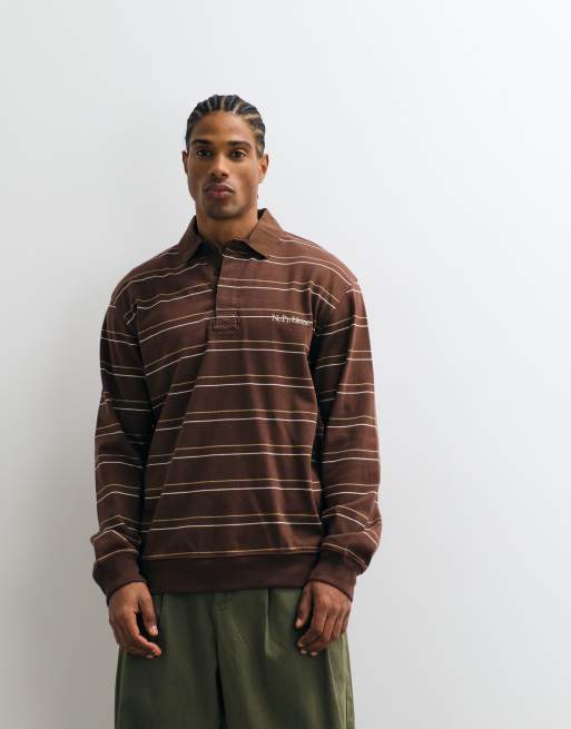 No Problemo 100% cotton long sleeve logo rugby polo in brown stripe, 5 of 5