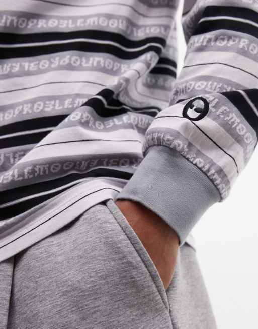 No Problemo 100% cotton long sleeve T-shirt with repeat logo in black and gray stripe, 4 of 5