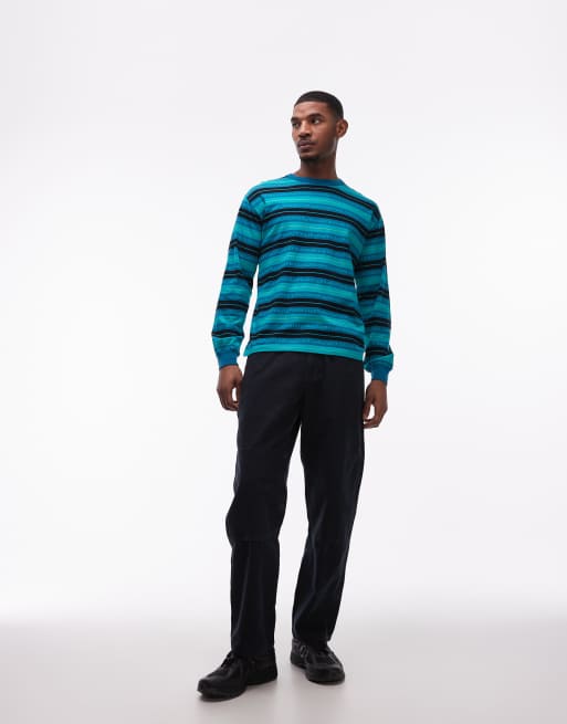 No Problemo 100% cotton long sleeve t-shirt with repeat logo print in aqua stripe, 2 of 5