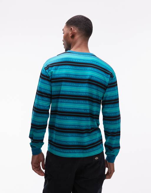 No Problemo 100% cotton long sleeve t-shirt with repeat logo print in aqua stripe, 3 of 5