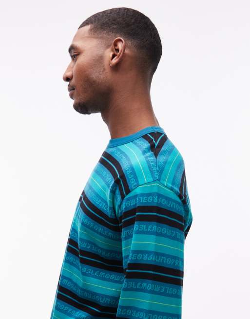 No Problemo 100% cotton long sleeve t-shirt with repeat logo print in aqua stripe, 4 of 5
