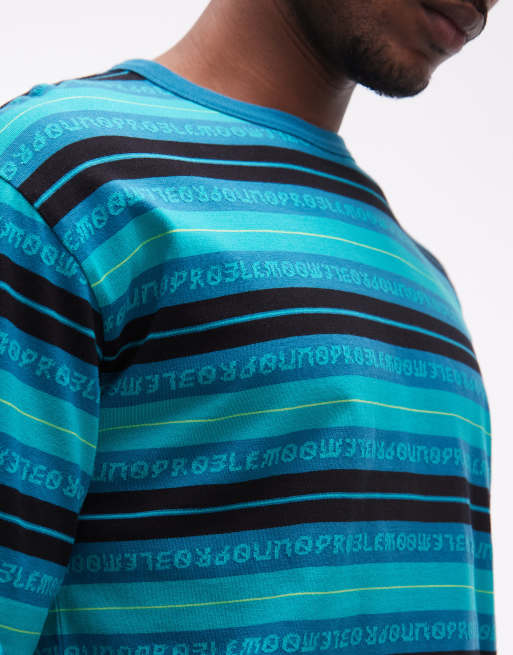 No Problemo 100% cotton long sleeve t-shirt with repeat logo print in aqua stripe, 5 of 5
