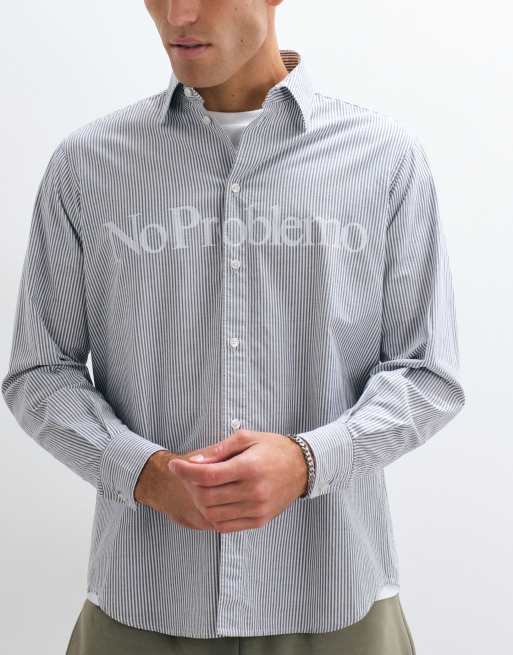 No Problemo 100% cotton Oxford long sleeve shirt with large front logo in blue stripe, 4 of 5