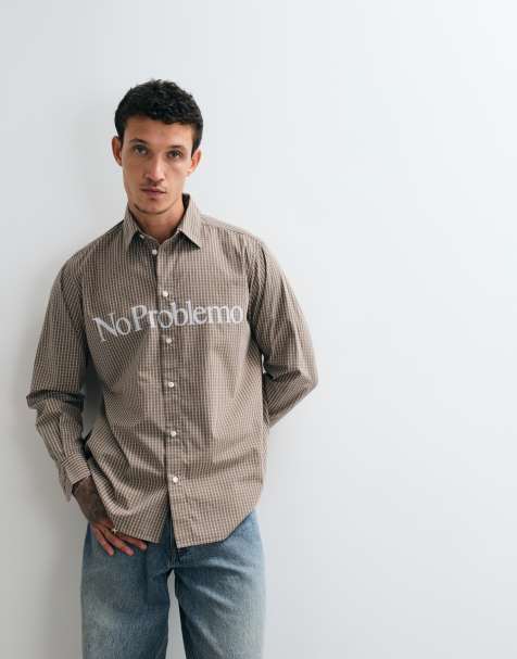 No Problemo 100% cotton poplin long sleeve shirt with large front logo in brown check - view 1