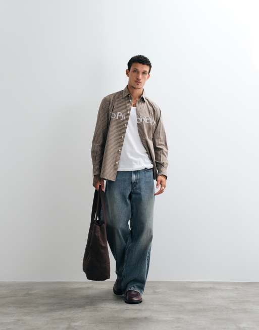 No Problemo 100% cotton poplin long sleeve shirt with large front logo in brown check, 3 of 5