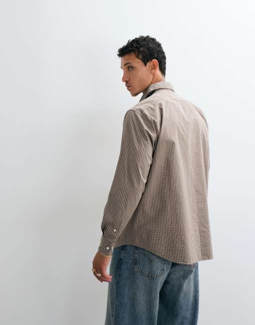 No Problemo 100% cotton poplin long sleeve shirt with large front logo in brown check, 4 of 5