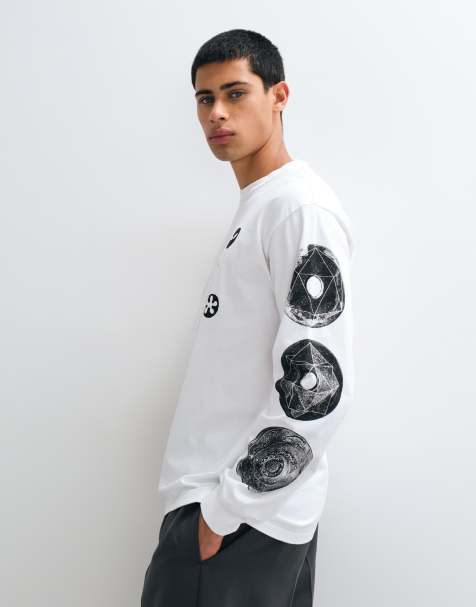 No Problemo 100% cottton long sleeve drop t-shirt with sleeve graphic detail in white - view 1