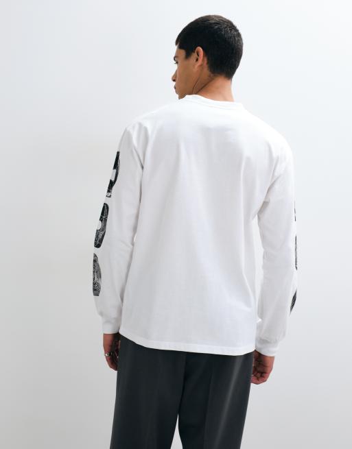 No Problemo 100% cottton long sleeve drop t-shirt with sleeve graphic detail in white, 4 of 5