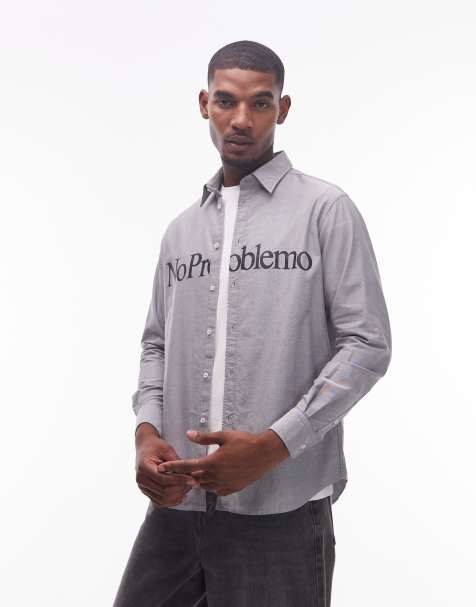 No Problemo - Camicia Oxford a maniche lunghe grigia in cotone con logo - view 1