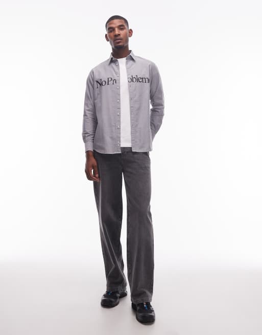 No Problemo - Camicia Oxford a maniche lunghe grigia in cotone con logo, 2 di 5
