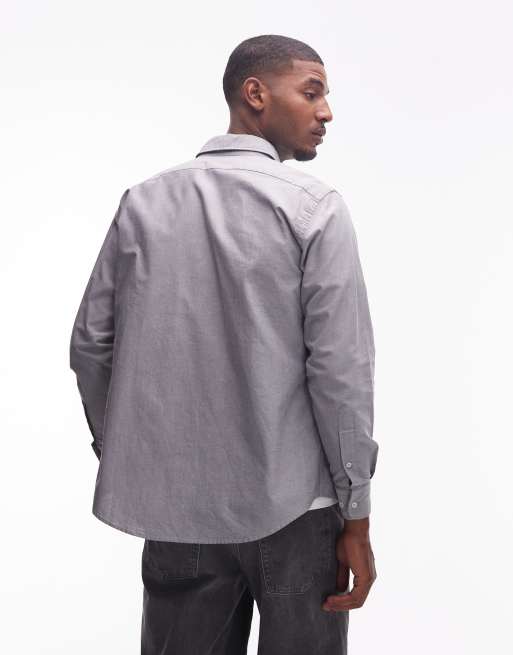 No Problemo - Camicia Oxford a maniche lunghe grigia in cotone con logo, 3 di 5