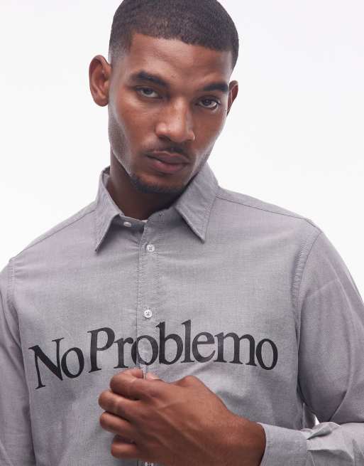 No Problemo - Camicia Oxford a maniche lunghe grigia in cotone con logo, 5 di 5