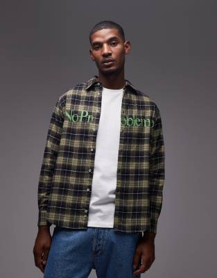 No Problemo - Chemise en coton à carreaux écossais avec manches longues et logo - Vert