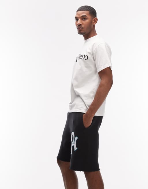 No Problemo cotton rich sweat shorts with NYP logo and raw hem in black, 3 of 5