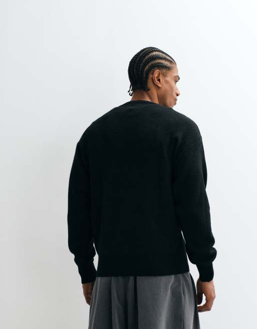 No Problemo cotton wool mix knitted jumper with large sleeve logo in black, 3 of 5