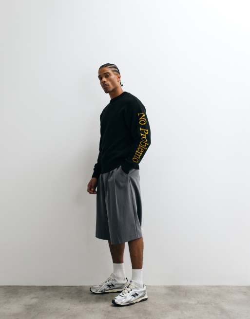 No Problemo cotton wool mix knitted jumper with large sleeve logo in black, 4 of 5
