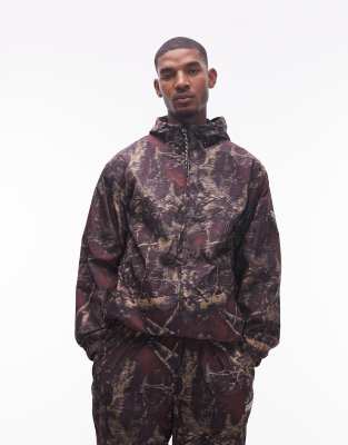 hooded glitch nylon jacket in dark real tree camo print - part of a set-Multi