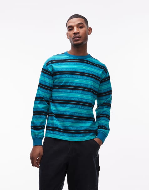 No Problemo 100% cotton long sleeve t-shirt with repeat logo print in aqua stripe