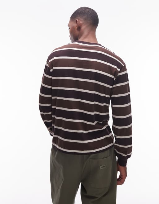 No Problemo – Langärmliges Baumwoll-T-Shirt in Braun mit Streifen und Logo, 3 von 5