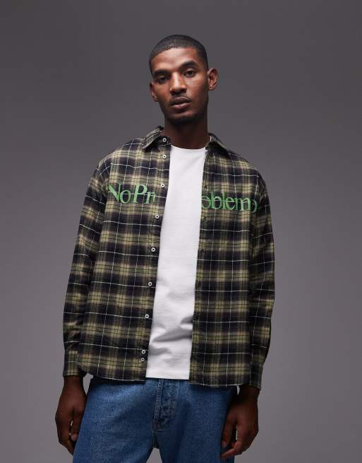 No Problemo logo detail long sleeve plaid shirt in green multi