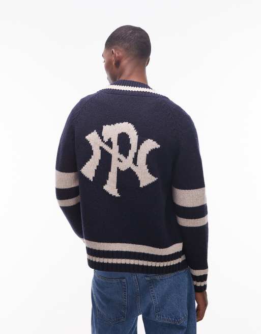 No Problemo - Maglione stile college blu navy con chiusura zip, righe e logo a contrasto