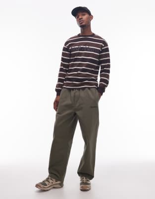 No Problemo No Problemo mini logo ripstop pull on cotton trousers in khaki-Green